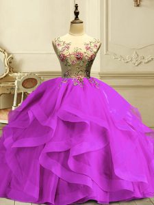 Scoop Sleeveless Lace Up Ball Gown Prom Dress Fuchsia Organza