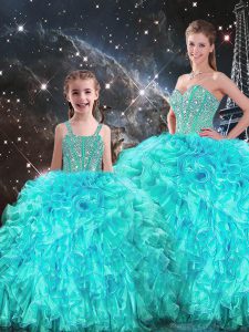 Sleeveless Organza Floor Length Lace Up 15th Birthday Dress in Aqua Blue with Beading and Ruffles