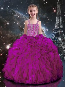 Attractive Fuchsia Straps Lace Up Beading and Ruffles Child Pageant Dress Short Sleeves