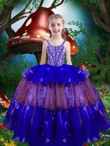 Charming Royal Blue Organza Lace Up Straps Sleeveless Floor Length Little Girls Pageant Dress Wholesale Beading and Ruffled Layers