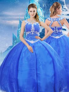 Luxury Blue Sleeveless Floor Length Beading Zipper 15th Birthday Dress