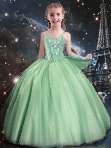 Floor Length Lace Up Little Girls Pageant Gowns Apple Green for Quinceanera and Wedding Party with Beading