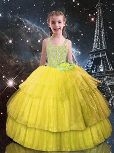 Pretty Straps Sleeveless Lace Up Girls Pageant Dresses Light Yellow Tulle