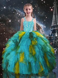 Elegant Beading and Ruffles Pageant Gowns For Girls Aqua Blue Lace Up Short Sleeves Floor Length