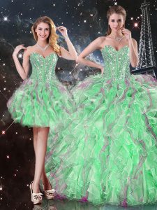 Apple Green Ball Gowns Beading and Ruffles Quince Ball Gowns Lace Up Organza Sleeveless Floor Length