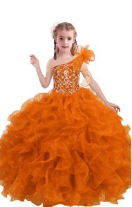 Orange Red Ball Gowns One Shoulder Sleeveless Organza Floor Length Lace Up Beading and Ruffles Kids Formal Wear