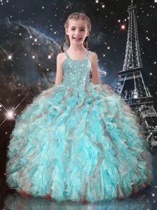 Aqua Blue Organza Lace Up Straps Sleeveless Floor Length Little Girl Pageant Gowns Beading and Ruffles