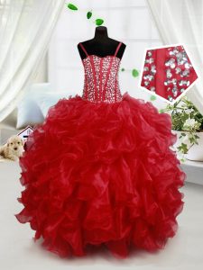 Lovely Red Lace Up Little Girls Pageant Dress Wholesale Beading and Ruffles Sleeveless Floor Length