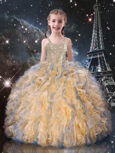 Fantastic Champagne Straps Lace Up Beading and Ruffles Little Girl Pageant Gowns Sleeveless