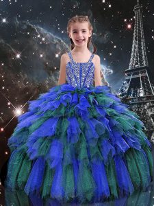 Stylish Sleeveless Floor Length Beading and Ruffles Lace Up Little Girls Pageant Dress with Blue