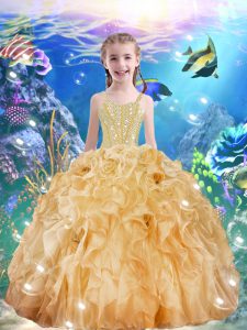 Straps Sleeveless Little Girl Pageant Dress Floor Length Beading and Ruffles Champagne Organza