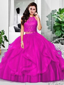 Fashionable Sleeveless Floor Length Lace and Ruffles Zipper 15th Birthday Dress with Fuchsia