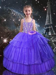 Latest Eggplant Purple Pageant Gowns For Girls Quinceanera and Wedding Party with Beading and Ruffled Layers Straps Sleeveless Lace Up