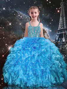 Exquisite Baby Blue Lace Up Kids Pageant Dress Beading and Ruffles Sleeveless Floor Length