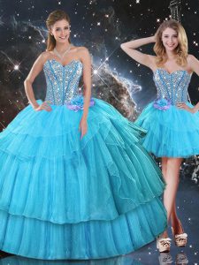 Sleeveless Floor Length Ruffled Layers and Sequins Lace Up Sweet 16 Quinceanera Dress with Aqua Blue