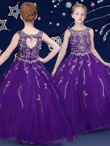 Scoop Purple Ball Gowns Beading Pageant Gowns For Girls Lace Up Organza Sleeveless Floor Length