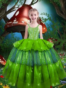 Elegant Ball Gowns Straps Sleeveless Organza Floor Length Lace Up Beading and Ruffled Layers Child Pageant Dress