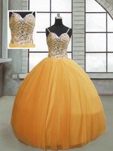 Fine Spaghetti Straps Sleeveless Sweet 16 Dress Floor Length Beading Gold Tulle