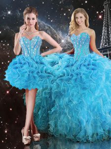 Aqua Blue Ball Gown Prom Dress Military Ball and Sweet 16 and Quinceanera with Beading and Ruffles Sweetheart Sleeveless Lace Up