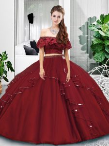 Burgundy Lace Up Off The Shoulder Lace and Ruffles 15th Birthday Dress Tulle Sleeveless