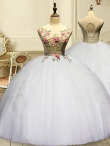 Cute White Lace Up Scoop Appliques and Ruffles Quinceanera Dress Organza Sleeveless