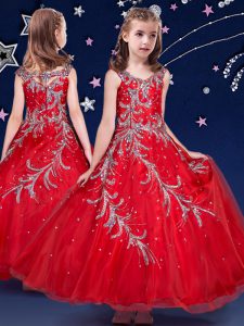 Organza Scoop Sleeveless Zipper Beading and Appliques Kids Pageant Dress in Red