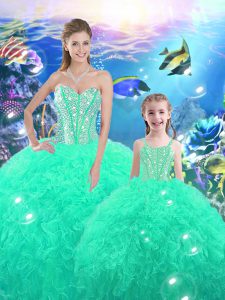 Latest Turquoise Quince Ball Gowns Military Ball and Sweet 16 and Quinceanera with Beading and Ruffles Sweetheart Sleeveless Lace Up