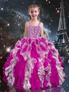 Beautiful Floor Length Fuchsia Little Girl Pageant Dress Organza Sleeveless Beading and Ruffles