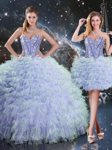 Classical Lavender Organza Lace Up Sweetheart Sleeveless Floor Length Quince Ball Gowns Beading and Ruffles