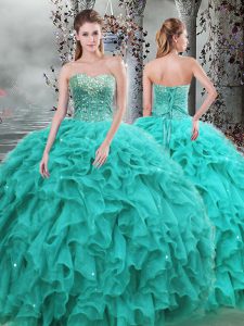 Free and Easy Turquoise Lace Up Sweetheart Beading and Ruffles Sweet 16 Dress Organza Sleeveless