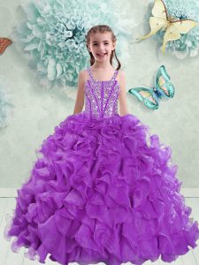 Best Straps Sleeveless Little Girls Pageant Dress Wholesale Floor Length Beading and Ruffles Eggplant Purple Organza