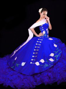 Royal Blue Ball Gowns Embroidery Sweet 16 Quinceanera Dress Lace Up Organza Sleeveless