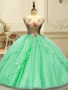 Sweet Sleeveless Tulle Floor Length Lace Up 15 Quinceanera Dress in Green with Appliques