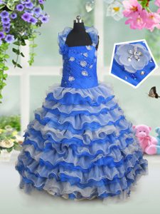 Ruffled Halter Top Sleeveless Lace Up Girls Pageant Dresses Blue And White Organza