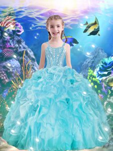 Aqua Blue Straps Lace Up Beading and Ruffles Girls Pageant Dresses Sleeveless