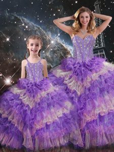 Graceful Multi-color Organza Lace Up Sweetheart Sleeveless Floor Length Sweet 16 Dresses Beading and Ruffled Layers and Sequins