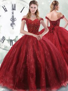 Wine Red Tulle Lace Up Sweet 16 Quinceanera Dress Sleeveless Brush Train Beading