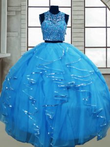 Pretty Floor Length Lace Up Ball Gown Prom Dress Baby Blue for Military Ball and Sweet 16 and Quinceanera with Beading and Ruffles