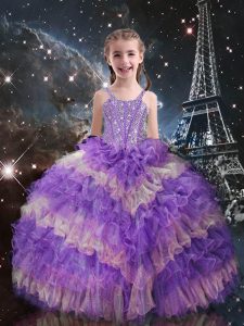 Sleeveless Lace Up Floor Length Beading and Ruffled Layers Girls Pageant Dresses