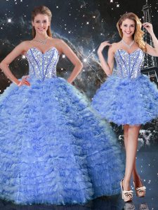 Custom Design Blue Lace Up Quinceanera Gown Beading and Ruffled Layers Sleeveless Floor Length