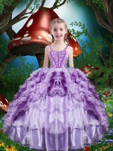 Cheap Sleeveless Lace Up Floor Length Beading and Ruffles and Ruffled Layers Kids Pageant Dress