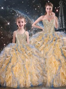 Gold Ball Gowns Sweetheart Sleeveless Organza Floor Length Lace Up Beading and Ruffles Sweet 16 Dresses