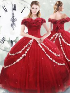 Modern Wine Red Tulle Lace Up Off The Shoulder Sleeveless Quinceanera Gowns Brush Train Appliques and Pick Ups