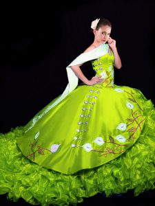 Custom Designed Ball Gowns Sleeveless Yellow Green Ball Gown Prom Dress Brush Train Lace Up