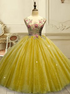 Modern Gold Scoop Neckline Appliques and Sequins Quinceanera Dress with Headpieces Sleeveless Lace Up