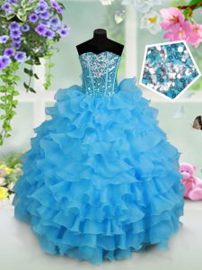 Baby Blue Little Girls Pageant Dress Wholesale Quinceanera and Wedding Party with Beading and Ruffled Layers and Sequins Strapless Sleeveless Lace Up