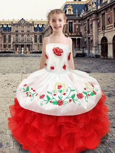 White and Red Kids Formal Wear Quinceanera and Wedding Party with Beading and Appliques and Ruffles Spaghetti Straps Sleeveless Lace Up