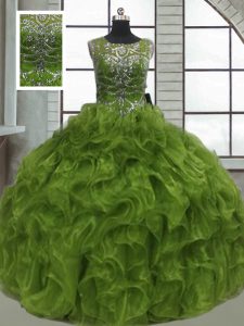 Modern Olive Green Lace Up Scoop Beading and Ruffles Ball Gown Prom Dress Organza Sleeveless