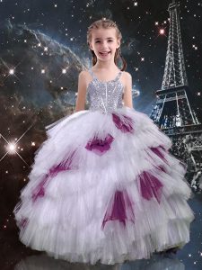 White Lace Up Straps Beading and Ruffled Layers Girls Pageant Dresses Tulle Sleeveless