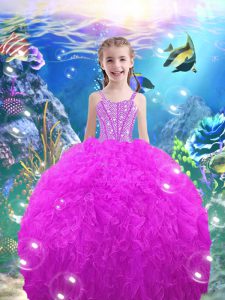 Fuchsia Organza Lace Up Little Girls Pageant Dress Sleeveless Floor Length Beading and Ruffles